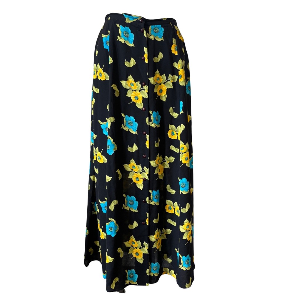 Dana B and Karen Vintage 100% Silk Floral Button Front Maxi Skirt Black Size 8